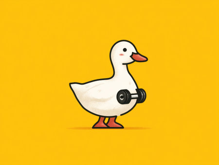 A cartoon duck is depicted holding a dumbbell against a solid yellow background. The image presents a clean design with bold outlines and flat colors. The illustration suggests fitness or exercise, possibly ideal for commercial uses related to health, wellness, or animation projects.の素材