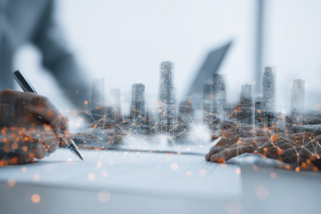 Two individuals are shown in a close-up view, appearing to work together. The image showcases hands holding pens and interacting with documents, overlaid with a digital cityscape and network connections. The color palette is primarily grayscale, highlighting the concepts of teamwork and technology. This image is suitable for various business or technology-related applications.の素材