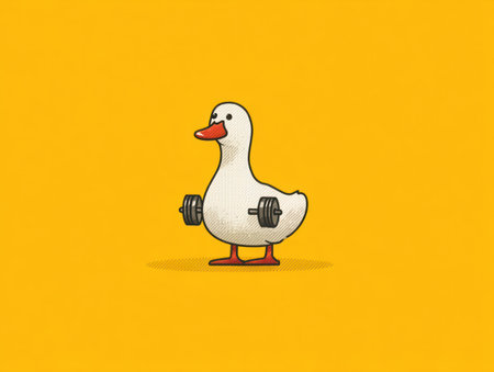 A cartoon duck, depicted in a minimalistic style, is holding dumbbells. The image showcases a white duck with an orange beak. It is set against a solid yellow backdrop, suggesting a studio environment. This vector illustration is suitable for various commercial purposes, including advertising and educational content.の素材