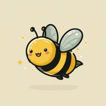 A charming cartoon bee is depicted with a smiling face and striped body. The illustration showcases a cheerful insect with wings, set against a simple, neutral background. Suitable for various applications, this image can be used in educational materials or design projects.の素材