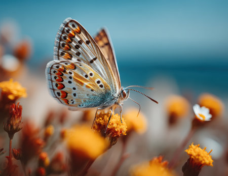 A detailed photograph captures a butterfly resting on a yellow flower with a soft, blurred background. The image showcases the insect's intricate wing patterns and delicate features. The scene is illuminated by natural light, enhancing the colors and textures. Ideal for various editorial and commercial applications related to nature and wildlife.の素材