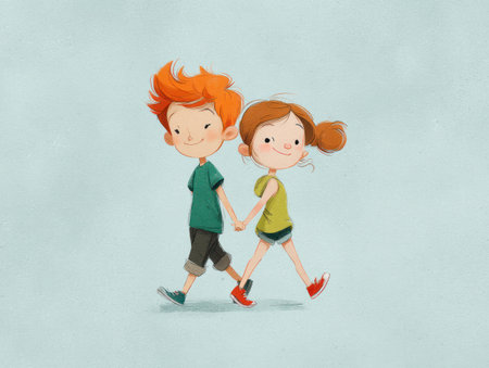 This illustration depicts two cartoon children, a boy and a girl, holding hands and walking. The artwork features soft textures and a watercolor style, with a simple composition set against a light background. The image may be suitable for illustrating concepts such as friendship, childhood, or educational themes. It is ideal for various commercial and editorial applications.の素材