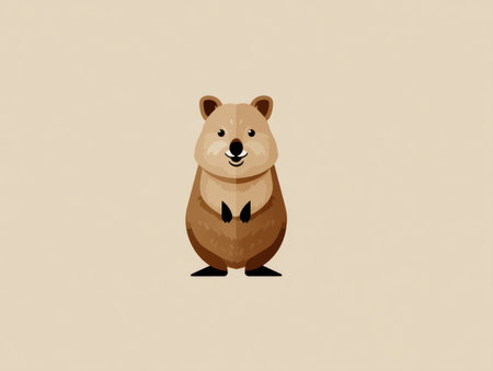 A charming cartoon illustration depicts a quokka against a plain, light background. The artwork showcases a simplified style with soft brown and beige tones, suggesting a warm and friendly ambiance. Suitable for various design uses, it could be incorporated into both commercial and editorial concepts, enhancing visual communication.の素材