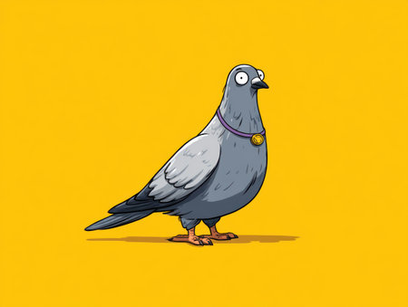 An illustration features a cartoon pigeon against a yellow backdrop. The bird is depicted with a detailed style and vibrant colors. The composition is simple, with the pigeon as the central element. This image could be suitable for various design projects, advertising, or editorial uses.の素材