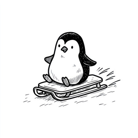 A cartoon penguin enjoys sledding across a white backdrop. The black and white illustration presents the subject from a slightly elevated perspective. The artwork is characterized by clean lines and simple shading. This image would be suitable for various commercial applications.の素材