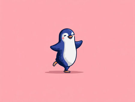 An animated penguin is depicted with a cheerful expression and a dynamic pose, set against a solid pink backdrop. The image features clean lines and a simple style, suggesting digital illustration. It is suitable for diverse applications, including educational resources and playful designs.の素材