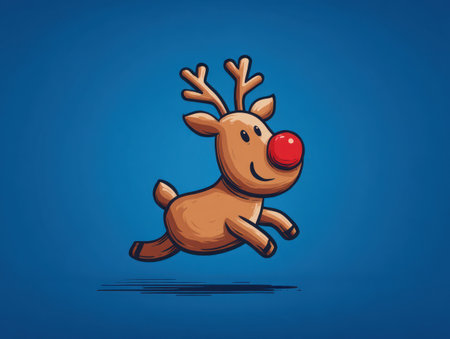 A cartoon illustration depicts a reindeer mid-stride against a solid blue backdrop. The reindeer features brown fur, antlers, and a bright red nose, with a smiling expression. The style is illustrative with soft shading. This image is suitable for various design projects and could be utilized for festive or promotional content.の素材