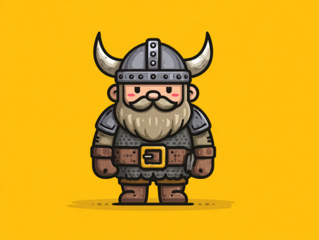 A cartoon illustration depicts a small Viking character wearing a horned helmet and armor. The image showcases a simplified design with bold outlines, utilizing a limited color palette. It likely targets illustrative purposes, suitable for various projects such as children's books, website graphics, or educational material.の素材