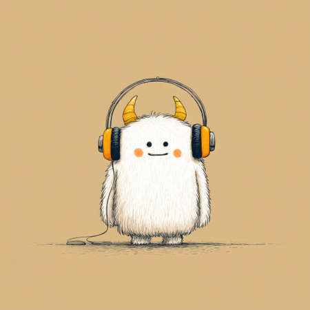 An adorable cartoon monster is depicted wearing headphones and appears to be listening to music. The image showcases a fluffy white creature with horns and a smiling face. The illustration features a clean style against a plain backdrop, which could be suitable for various uses.の素材