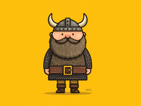 A cartoon illustration presents a Viking character. The image showcases a stout figure wearing a horned helmet, armor, and a belt. The artwork uses bright colors and a flat design style, set against a solid background. This image is suitable for use in design projects, educational materials, or commercial illustrations.の素材