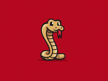 A cartoon snake is centered against a vibrant red backdrop. The illustration features a stylized design with warm beige and brown tones, complemented by a red tongue. This graphic has a simple, clean aesthetic and is appropriate for various commercial applications, including branding and educational material.の素材