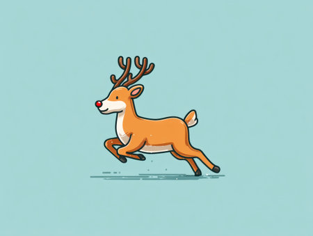 This cartoon illustration depicts a reindeer in motion, set against a solid, light blue backdrop. The image utilizes bold outlines and vibrant colors to highlight the animal's features. It employs a flat design style, suitable for various applications, including advertising and graphic design projects. The illustration is suitable for commercial uses.の素材