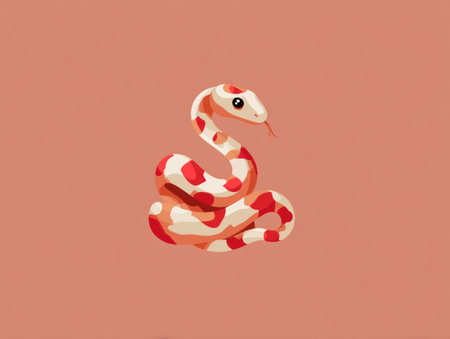 An illustration depicts a cartoon snake in a coiled position against a solid background. The snake presents a pattern of red and white, suggesting a vibrant design. This graphic may be suitable for diverse applications, including educational materials, or decorative design elements. The image is rendered with smooth lines and bold colors.の素材