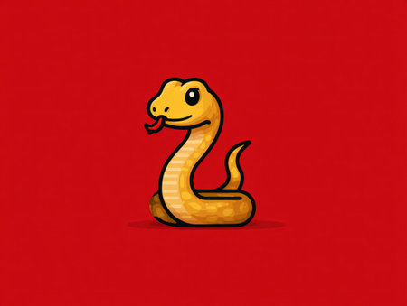 A cartoon snake character is featured against a vibrant red backdrop. The illustration showcases the snake in a curled pose, rendered with warm yellow and orange tones, and bold outlines. This image is suitable for various commercial applications, including editorial designs and visual content creation.の素材