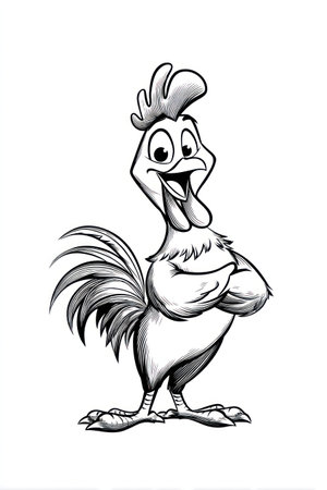 A cartoon rooster illustration depicts a cheerful character with arms crossed. The image features black and white tones with detailed linework. The composition is simple, with a plain background. This image can be used for various design purposes, suitable for both commercial and editorial applications.の素材