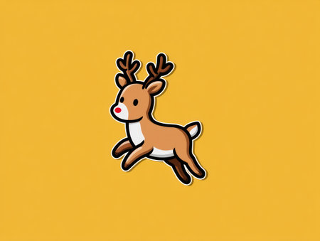 This cartoon illustration depicts a reindeer mid-air against a plain yellow background. The reindeer, rendered in a simplified style, displays a mix of brown, white, and black hues. The composition suggests a festive or seasonal theme. Its design could be suitable for various commercial or decorative applications.の素材