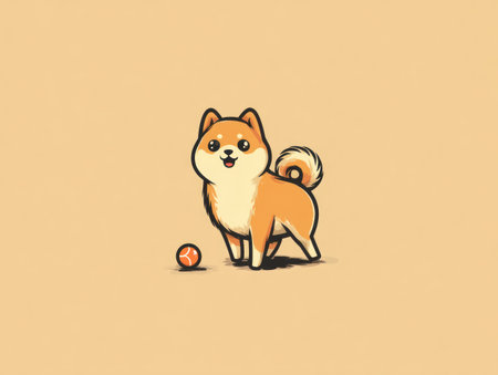 A cartoon Shiba Inu dog stands beside a small ball against a solid beige backdrop. The illustration uses a simplified style with warm tones of orange and beige. The composition features central placement with a focus on the dog. Suitable for various projects needing a friendly and inviting image.の素材