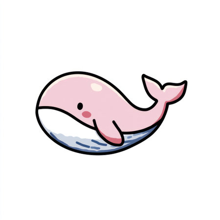 This illustration showcases a cartoon whale character. The design features a pink whale with black outlines. The composition is simple and isolated against a white background. This image is suitable for use in educational materials, children's books, or as a decorative element for various design projects.の素材