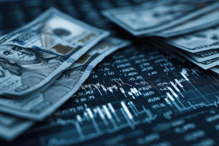 Cash money is arranged over a chart of financial data with a blue tone. The composition uses overhead lighting. It suggests a concept of finance. This image can be used for financial analysis, investment, and business-related editorial contexts.の素材