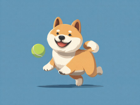A cartoon Shiba Inu is depicted playfully interacting with a tennis ball against a blue background. The illustration presents warm color tones, soft textures, and a dynamic composition. It could be suitable for various applications, including advertising, educational materials, or decorative purposes.の素材