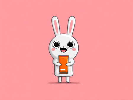 A cartoon rabbit is depicted holding an orange rectangular object against a soft pink backdrop. The illustration features clean lines, vibrant colors, and a friendly design. The composition is simple and isolated, making it suitable for a variety of creative projects and commercial applications. The lighting is soft, enhancing the cheerful aesthetic.の素材