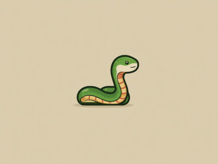 A cartoon snake is featured against a simple, solid background. The illustration displays vibrant green and yellow colors. The image uses a clean, graphic style, likely suitable for children's books or educational materials. Its minimalist design is ideal for commercial or editorial applications.の素材