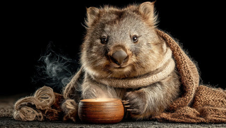A wombat, wrapped in a knitted scarf, rests near a wooden bowl emitting vapor. The image showcases the animal's fluffy fur and expressive face against a dark background. The composition highlights textures and warm tones. Suitable for various projects, including illustrations, advertisements, and editorial content.の素材