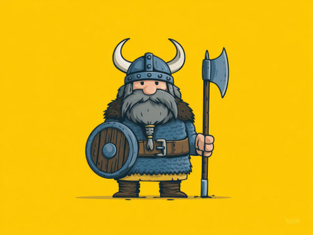 A cartoon illustration presents a Viking character holding an axe and shield. The image showcases a simplified design with bold outlines and a limited color palette. The subject is centered against a solid yellow backdrop, lending a clean, graphic appearance suitable for various commercial applications.の素材