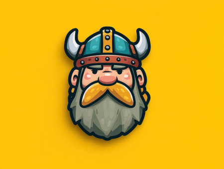 A cartoon illustration showcases a Viking head, featuring a horned helmet and a long, gray beard. The style presents clean lines and vibrant colors against a yellow backdrop. The artwork suggests potential use in advertising, web design, or editorial projects, adding a whimsical touch to various creative purposes.の素材