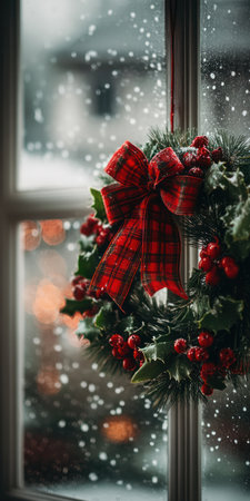 A festive wreath with a red plaid bow adorns a window frame, set against a backdrop of falling snowflakes. The composition highlights the textures of the evergreen branches and berries. The blurry background suggests an outdoor setting, offering potential for seasonal holiday illustrations and decorative designs.の素材