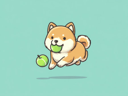 A cartoon Shiba Inu dog is featured in a vibrant illustration, holding a green apple. The dog is running and appears playful. The artwork displays smooth textures with a soft color palette against a blue background, perfect for various creative projects. Suitable for illustrations and designs.の素材