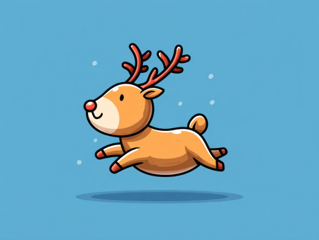 An illustrated reindeer jumps in a cheerful pose against a bright blue background. The artwork features warm colors and a simple, playful design with soft shadows. The composition is clean, centered, and suitable for various creative projects and graphic design purposes. Its vibrant style makes it fitting for both commercial and editorial use.の素材