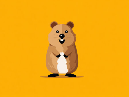 A cartoon quokka is depicted standing against a yellow backdrop. The illustration showcases a minimalist design with solid colors and defined outlines. The quokka appears content, and the composition is simple. This image could be used for various purposes, including educational materials or promotional content.の素材