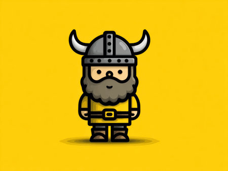 A cartoon illustration showcases a Viking character, complete with a horned helmet and beard, set against a solid yellow backdrop. The image features clean lines and bright colors. Suitable for various projects, it can be used for design, advertising, and marketing materials.の素材