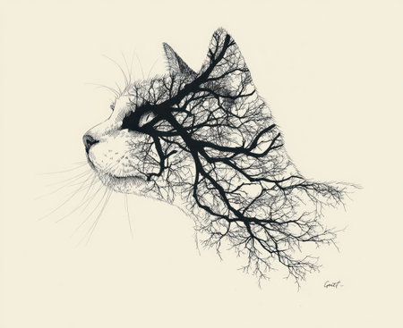 An artistic illustration presents a cat profile, its form filled with tree branch designs. The monochrome artwork displays detailed textures and a delicate style against a neutral background. This image could be used for various commercial or editorial purposes requiring an eye-catching visual element.の素材