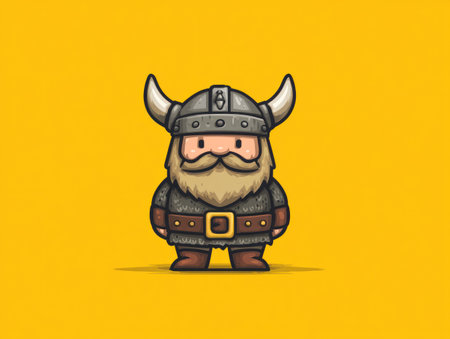 This cartoon illustration features a Viking character with a helmet and horns. The artwork showcases a simple, clean design style, using a limited color palette. The image presents a flat composition with a solid yellow background and could be suitable for various commercial uses, including advertising and educational content.の素材