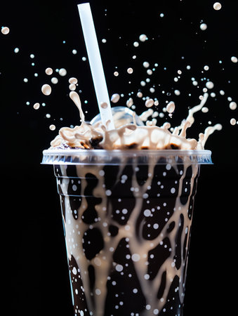 A close-up captures a chocolate milkshake explosion against a stark black backdrop. The image showcases the dynamic movement of the drink with splashing drops and a straw. The clear plastic cup contrasts with the dark, rich chocolate tones, suggesting a refreshing beverage suitable for various commercial purposes.の素材