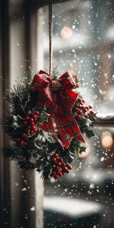 A festive wreath with a vibrant red bow and berries hangs in front of a window. Snowflakes gently fall against the blurred backdrop, creating a seasonal atmosphere. The scene evokes warmth and holiday cheer, suitable for various editorial and commercial applications.の素材