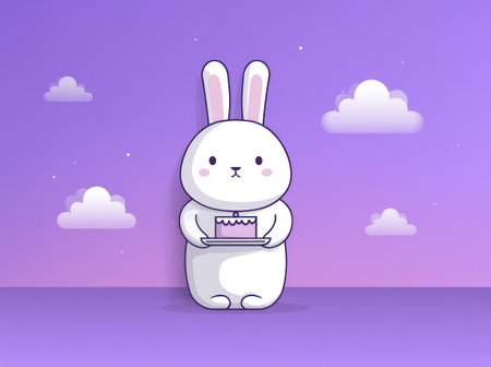 A cartoon rabbit is featured, holding a cake on a plate, set against a soft purple background. The illustration uses clean lines, soft lighting and a minimalist style, suggesting a whimsical environment. The image is suitable for use in design projects, advertising campaigns, and general editorial purposes.の素材