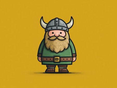 A cartoon illustration depicts a Viking character with a helmet, beard, and green attire. The image uses a simplified, graphic style with clean lines and flat colors, set against a solid yellow backdrop. This image could be suitable for various applications, including website design, educational materials, and promotional content.の素材