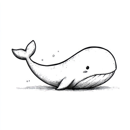 A cartoon illustration presents a large whale, depicted in grayscale. The artwork shows a simplistic style with clean lines and shading, giving the impression of movement. The composition features the whale against a white backdrop, suitable for various editorial and commercial applications.の素材