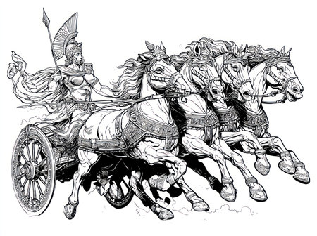 An illustration depicts a chariot pulled by several horses, driven by a figure. The artwork is rendered in black and white, featuring detailed lines and shading. The composition suggests motion and power, possibly suitable for historical or mythological themed projects. It could be used for various editorial or design applications.の素材