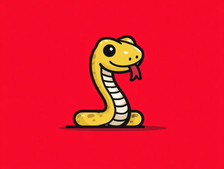 This illustration features a cartoon-style snake with yellow scales and a red background. The image presents the snake in a simple, playful design, using bold outlines. It is suitable for diverse applications, including educational resources, children's content, and graphic design projects. The composition uses a flat design.の素材