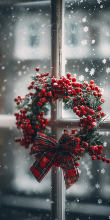 A festive wreath with vibrant red berries and a plaid bow adorns a window, enhanced by falling snowflakes. The composition offers a detailed look at the seasonal decoration, set against a blurred background. Suitable for various editorial and commercial applications, this image evokes holiday ambiance.の素材