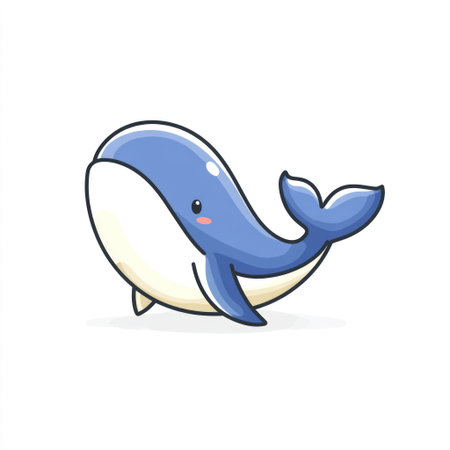 This cartoon illustration depicts a blue whale with a simple design. The artwork features a white backdrop and a cheerful appearance, possibly suggesting a friendly character. It may be suitable for various uses, including children's books, educational materials, or decorative purposes. The image is brightly colored and suitable for design projects.の素材