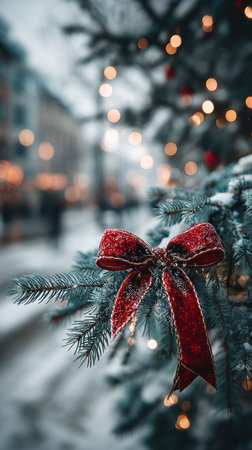 A detailed shot presents a vibrant red bow adorned on a snow-covered evergreen tree branch. Soft bokeh lights and a blurred street scene create depth. The image displays a festive aesthetic, suitable for holiday themes and seasonal content. It can be used for various commercial or editorial projects.の素材
