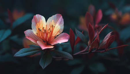 A close-up captures a flower with multiple petals, displaying a spectrum of colors. Soft lighting creates a moody atmosphere. The flower is the focus, with blurred elements in the background. The image could be suitable for various design projects, marketing materials, or editorial use.の素材