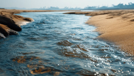 A stream of clear water flows between sandy banks under a bright sky. The image displays a natural landscape with the interplay of water and sand. The colors are predominantly blue and beige, with soft lighting enhancing the textures. Suitable for various visual communication projects and editorial content.の素材