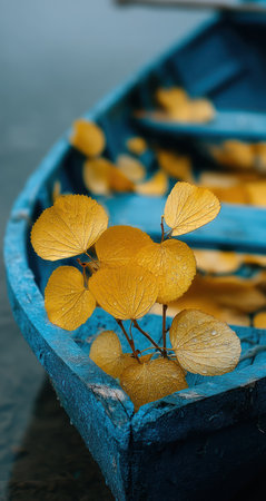 The image presents a close-up of a blue boat filled with yellow leaves. The vibrant colors contrast against a blurred water background. The composition features a natural aesthetic with soft lighting and a focus on texture. This image could be suitable for various commercial or editorial applications.の素材