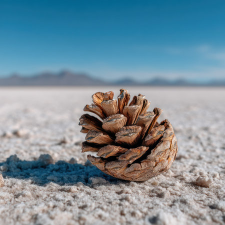 A close-up view presents a solitary pinecone resting on a surface with a textured, sandy appearance. The pinecone exhibits a warm brown hue, contrasting with the light-colored surroundings and the clear blue sky. The composition suggests an outdoor setting, possibly a desert or arid environment, suitable for various editorial and commercial applications.の素材